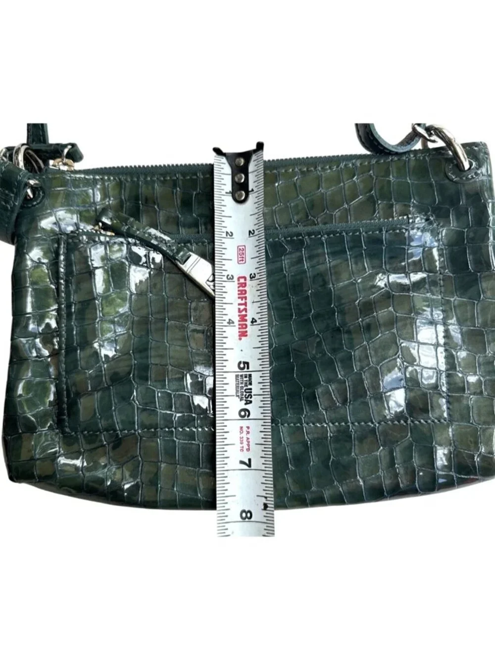 BRIGHTON Green Patent Leather Croc-Embossed Crossbody Bag W/Heart Charm